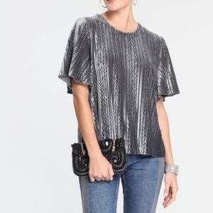 World Market Velvet Pleated Textured Blue Gray Textured Stela Velour Top S/M